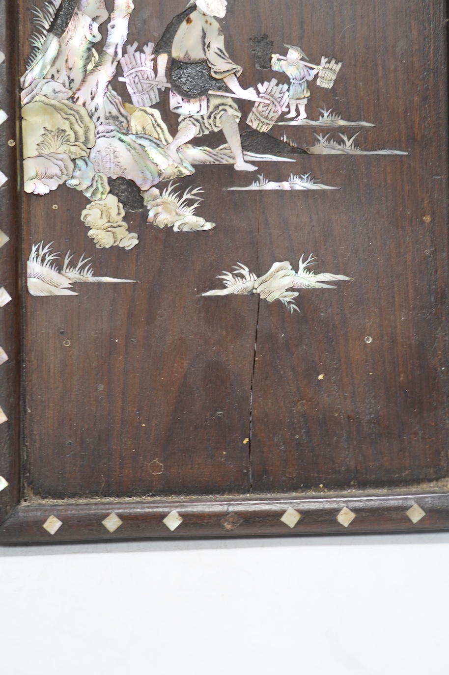 A pair of Chinese mother of pearl inlaid panels, 68 x 20cm. Condition - poor to fair